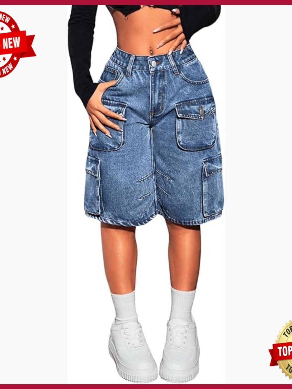 High Waisted Baggy Cargo Denim Shorts with Pockets